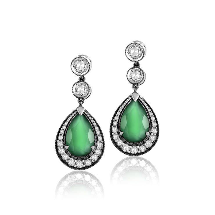 Green Onyx and White Sapphire Earrings in Black Gold