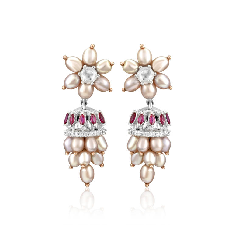 Pink Pearls, Ruby, Diamond and White Sapphire, Floral Earrings, Jhumkis