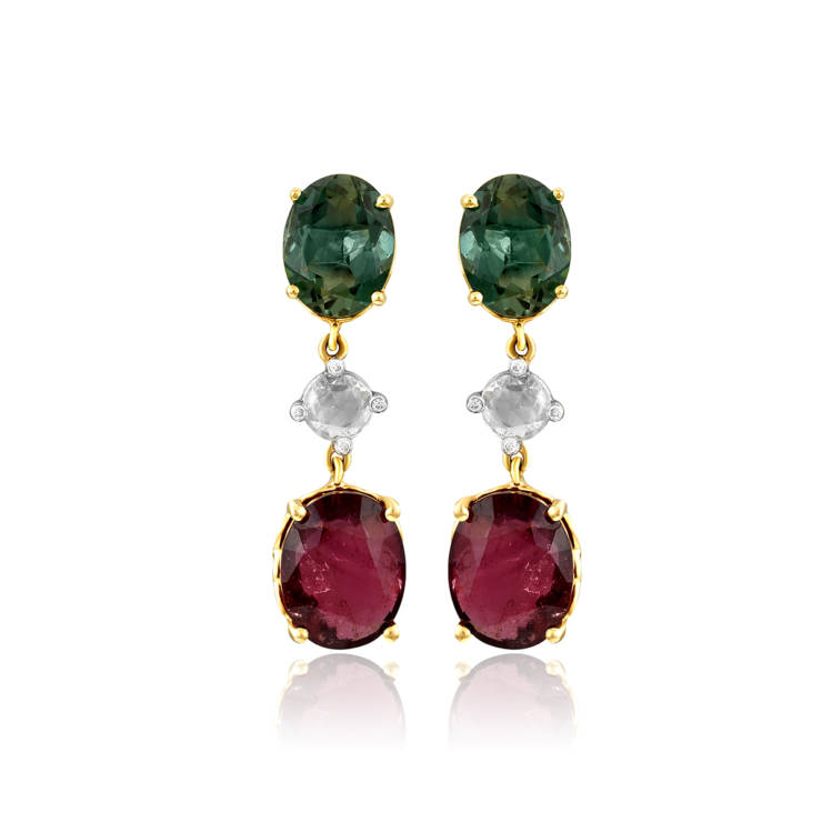 Rubellite Tourmaline and Green Quartz Dangler Earrings