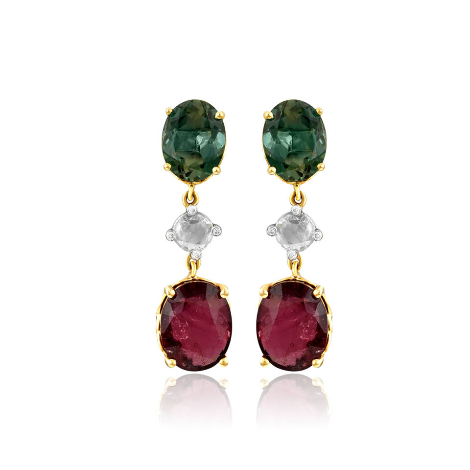 Rubellite Tourmaline and Green Quartz Dangler Earrings