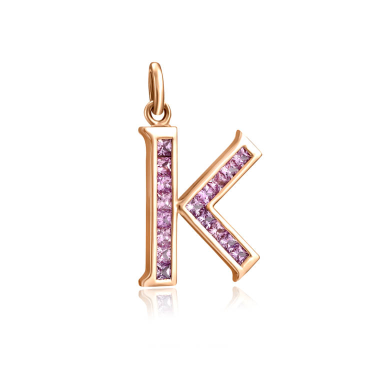 Alphabet Initials Pendant. K, Pink Sapphire set in Rose gold