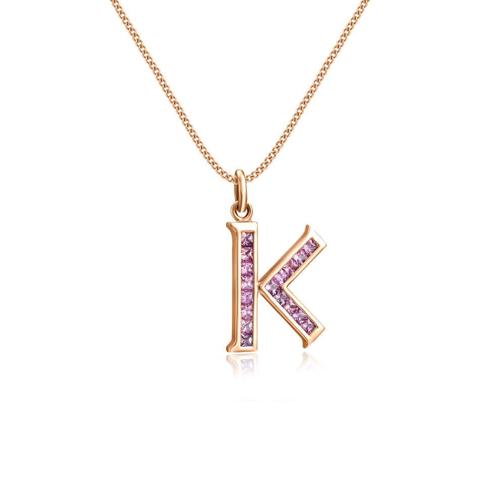 Alphabet Pendant. K, Pink Sapphire set in Rose gold
